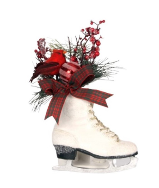 Ornament, White skate with red cardinal and garland