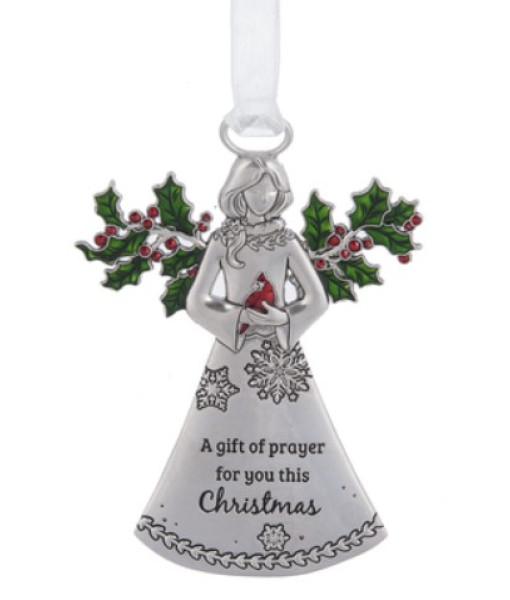 Zinc Angel ornament, featuring a Cardinal and Prayer message
