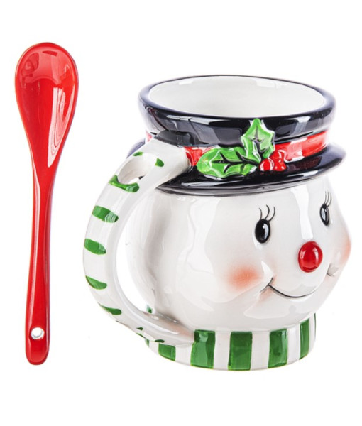 Ceramic Mug, Snowman Face with Spoon