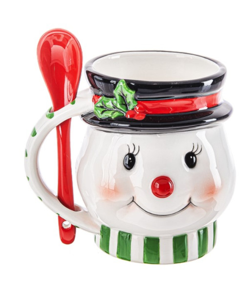 Ceramic Mug, Snowman Face with Spoon