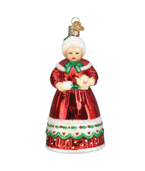 Mrs. Claus Glass Ornament, teapot and cup in hand
