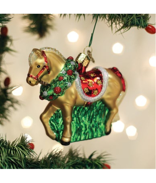 Horse with Christmas Wreath Glass Ornament