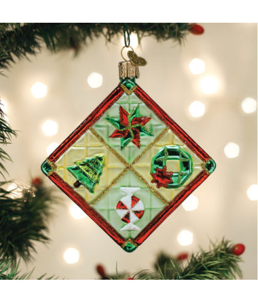 Christmas Quilt Glass Ornament