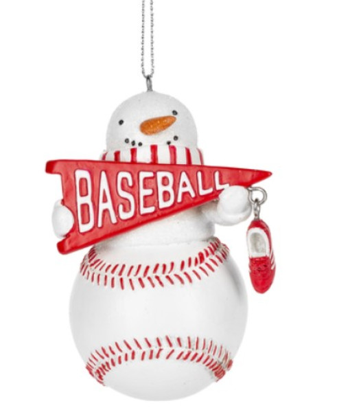 Ornament, Baseball shaped snowman, in resin.