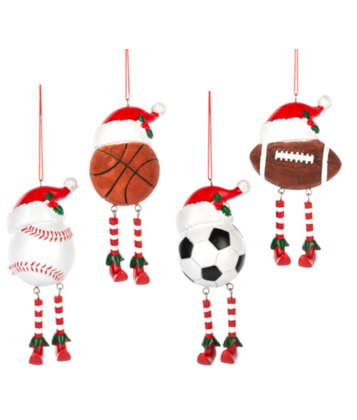Ornament, Baseball with Santa hat and legs, in resin