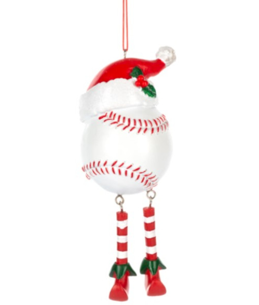 Ornament, Baseball with Santa hat and legs, in resin