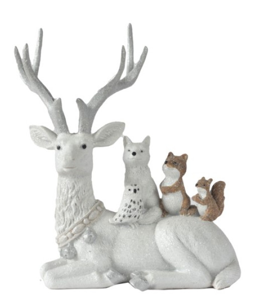 Table piece, woodland deer, all white, resting with forest animals