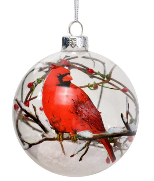Ornament, Glass Ball, Cardinal on branch motif