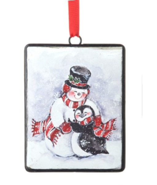 Snowman with Penguin friend, Metal Ornament