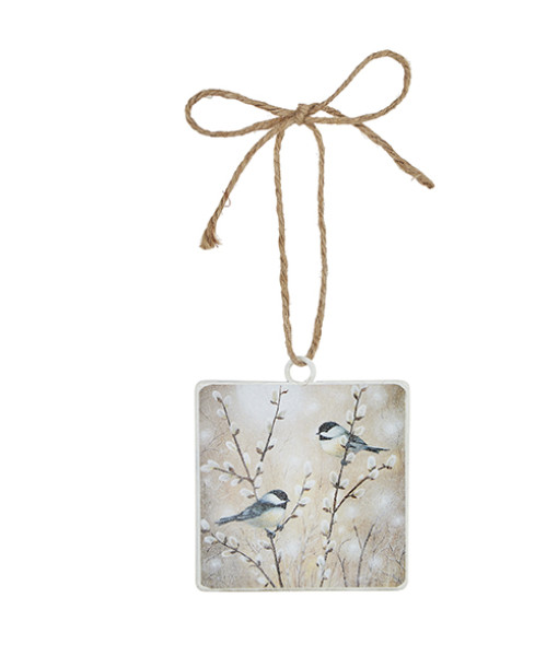 Flat Glass Ornament, Chickadees on Pussy Willow