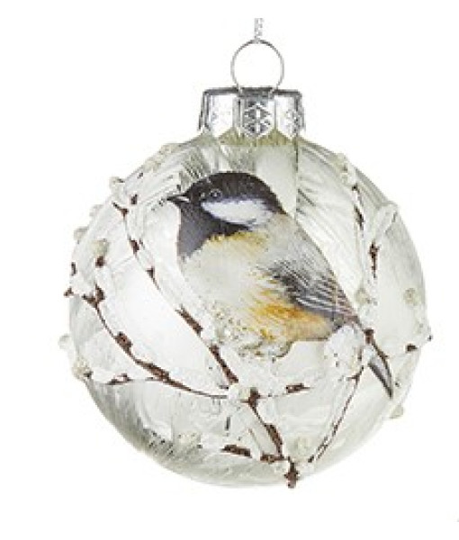 Round glass ornament, with Chickadee on branch design