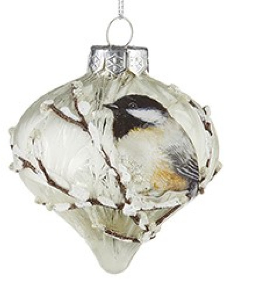 Onion style glass ornament, with chickadee on branch  design