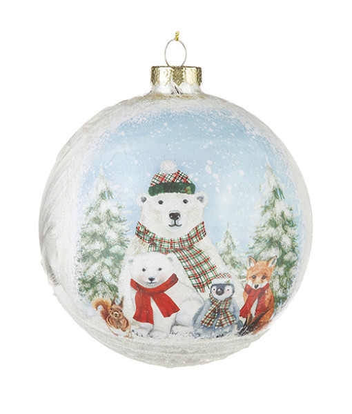 White glass ball ornament, with polar bear and friends in forest scene