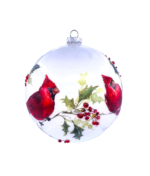 Glass ball ornament, with Cardinals on Holly branch, 6