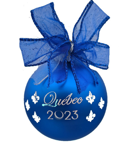 Glass ornament,  Momento of Quebec 2023, Hand decorated. Blue.