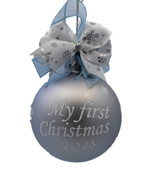 Glass ornament,  Baby`s First Christmas, 2023, Blue with ribbons.