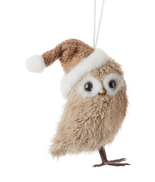 Ornament, little owl in plush with Xmas toque.
