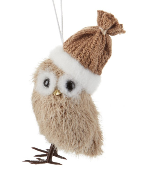 Ornament, little owl in plush with Xmas toque.