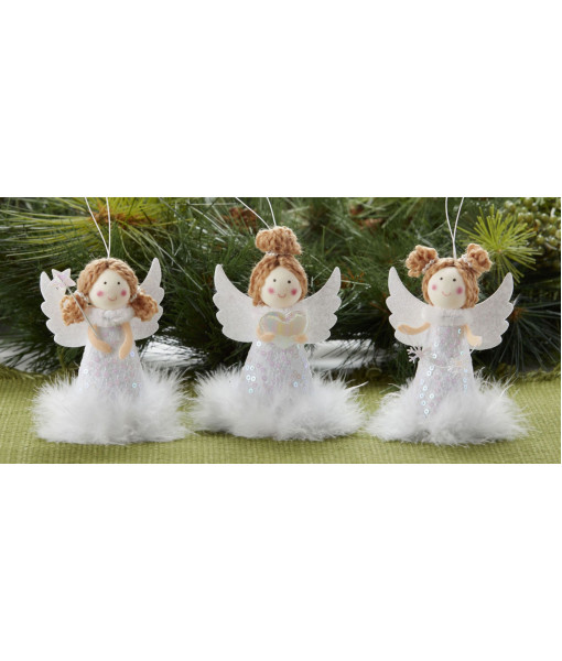 Ornament, angel with snowflake, feather trimmed gown