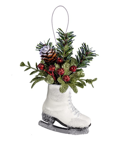 Ornament, Frosted White Skate with mistletoe, measures 5