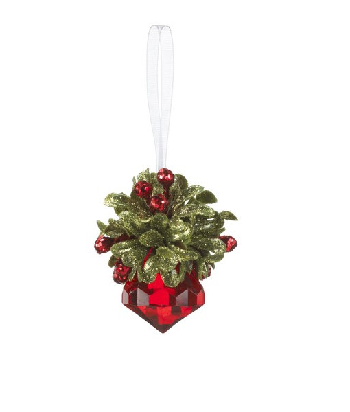 Ornament, Red Crystal jewel and mistletoe