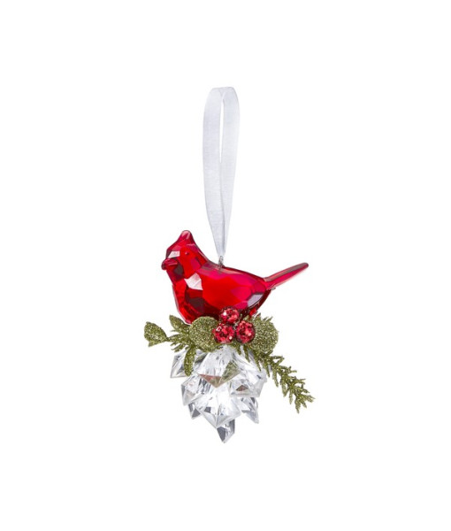 Ornament, red cardinal on crystal pine cone