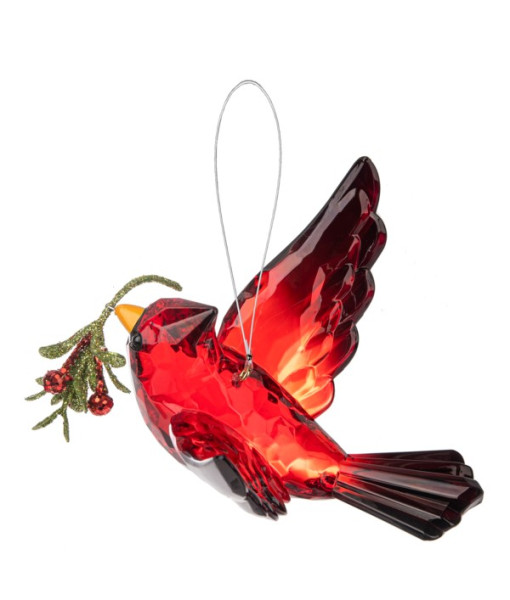 Ornement, cardinal rouge en vol, avec un brin de gui
