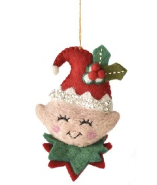 Xmas tree ornament, woolly elf's head with holly