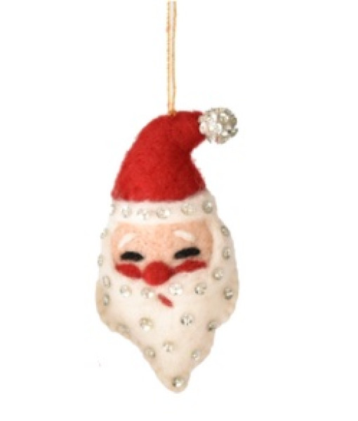 Xmas tree ornament, woollen Santa head with sparkling beard