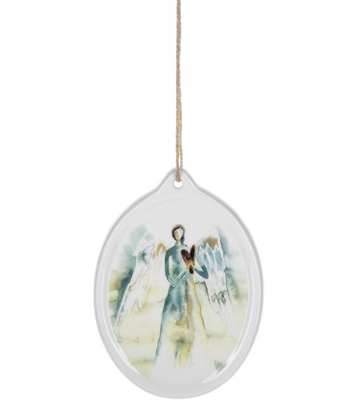 Ornament, ceramic disc, with angel painted in watercolour
