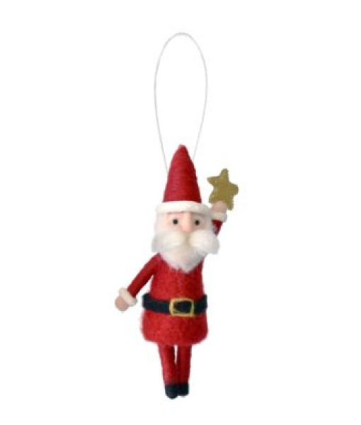Xmas tree ornament, woolly Santa Claus holding a star aloft