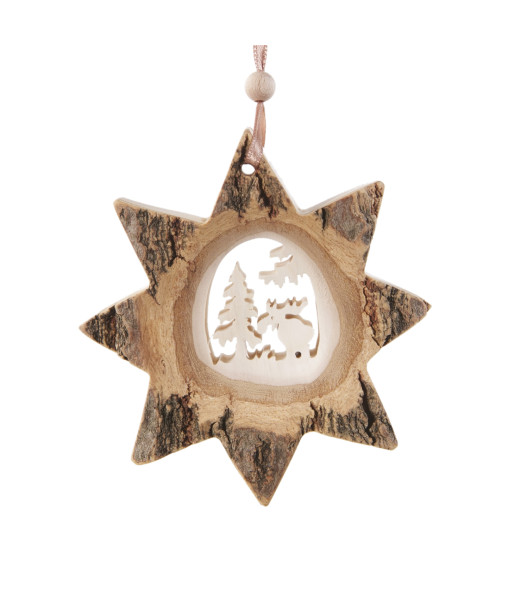 German Wood, Ornament, 8 pointed star shape with moose