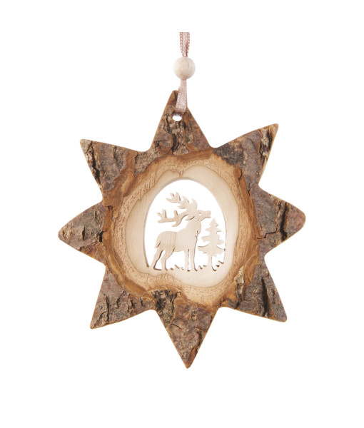 German Wood, Ornament, 8 pointed star shape with stag in forest, carved in centre, 10cm