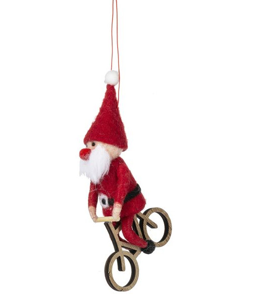 Xmas tree ornament, woolly gnome on a bicycle