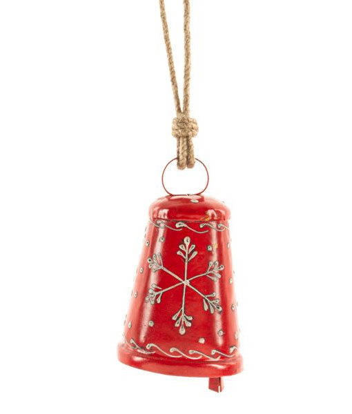 Home decor, Red metal bell, with a snowflake motif, 9 inches.
