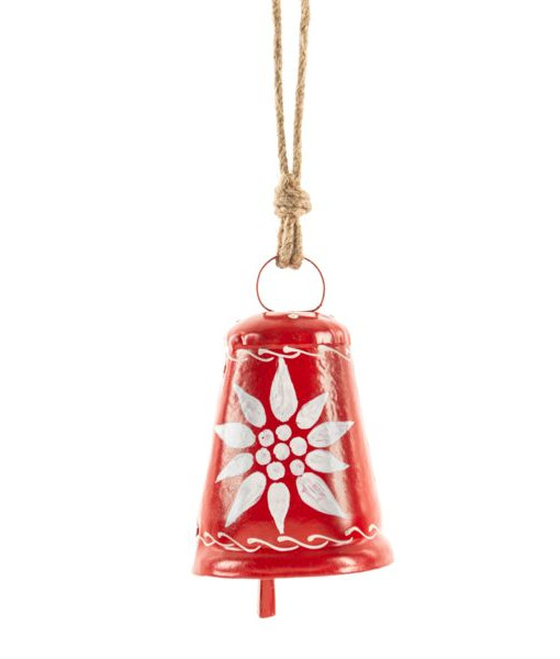 Home decor, Red metal bell, with a poinsetta motif, 9inches.