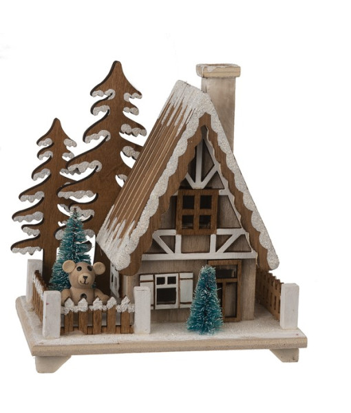 Table piece, ornament, Nordic Villages, Swiss Style chalet with tan bear