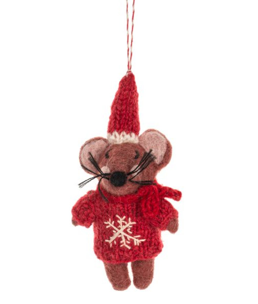 Xmas tree ornament, woolly mouse with knitted red sweater