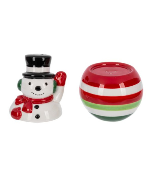 Two piece snowman salt and pepper shakers. Ceramic