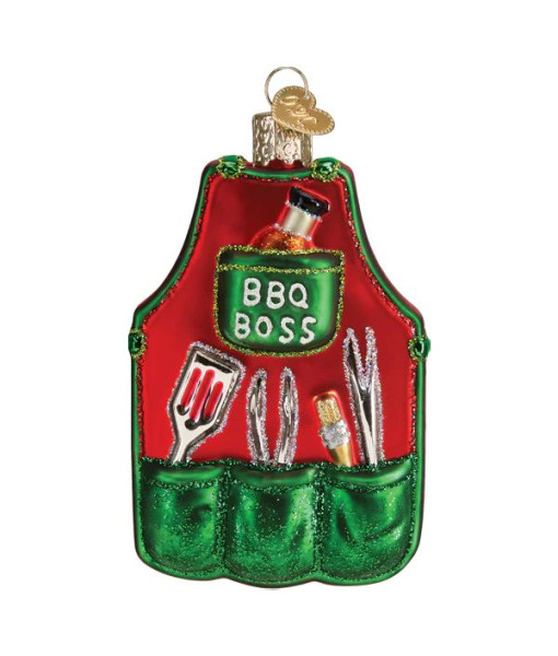 Glass ornament, BBQ apron. 