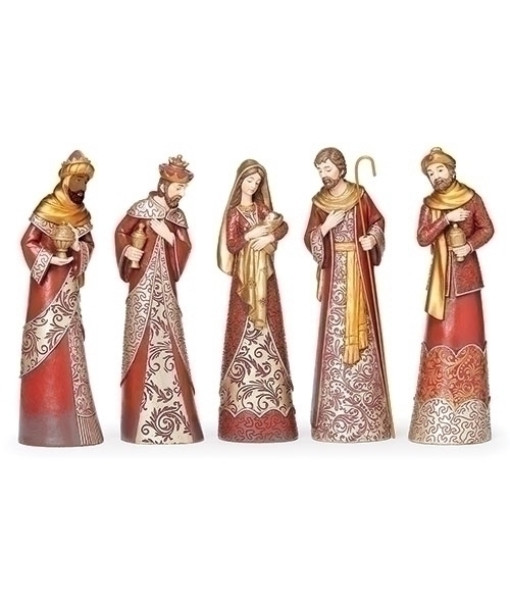 Nativity Scene, 5 pieces, 13 inches, red and gold.