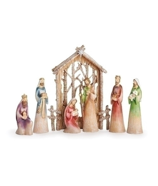 Table top Nativity scene, 7 pieces, Birch stable