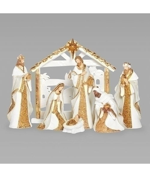 Table decor, 7 piece Nativity Scene, white with gold coloured accent