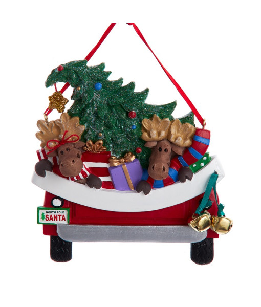 Ornament with bells, red pickup truck with moose and xmas tree