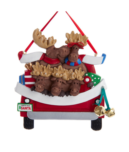 Ornament with bells, red pickup truck with moose family and xmas tree