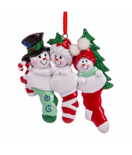 Ornament. The Snowman family, with Xmas stockings