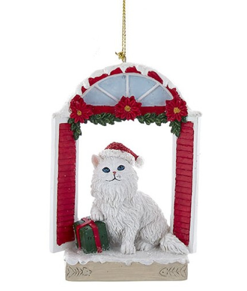 Chat blanc avec chapeau de Père Noël dans un cadre de fenêtre