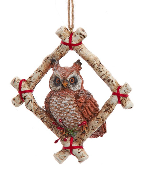 Ornament, Horned Owl perched in a birch frame.