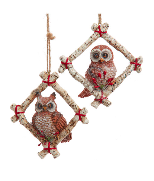 Ornament, Owl on birch diamond shape frame