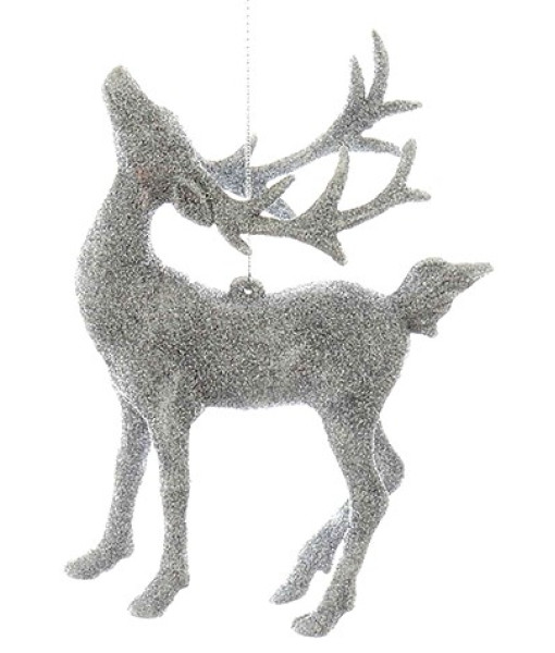 Ornament, silver glittered stag, with it's neck arched